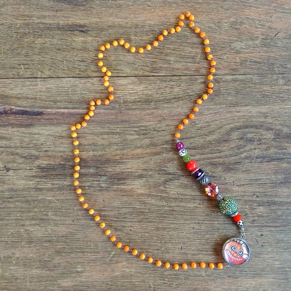 Orange Beaded Halloween Witchy Candy Corn Pumpkin Charm Long Layering Necklace - Picture 4 of 8